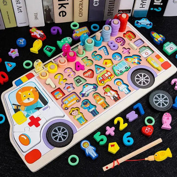 Ambulance 6 in 1 puzzle Wooden Log Board Children's Early Education Magnetic Fishing Digital Puzzle Board - MyLittleTales