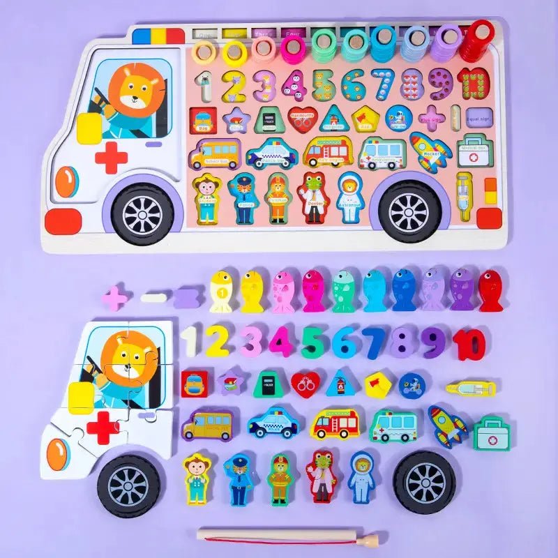 Ambulance 6 in 1 puzzle Wooden Log Board Children's Early Education Magnetic Fishing Digital Puzzle Board - MyLittleTales