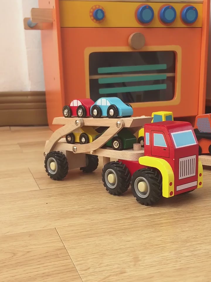 Wooden Double Decker Vehicle | Wooden Transporter Toy Carrier 1 Truck and 4 Cars