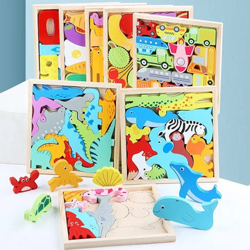 Wooden 3D Cognitive Puzzle Board, Animal, Dinosaur, Fruits & Vegetables Puzzle Sorting & Stacking Toys - MyLittleTales