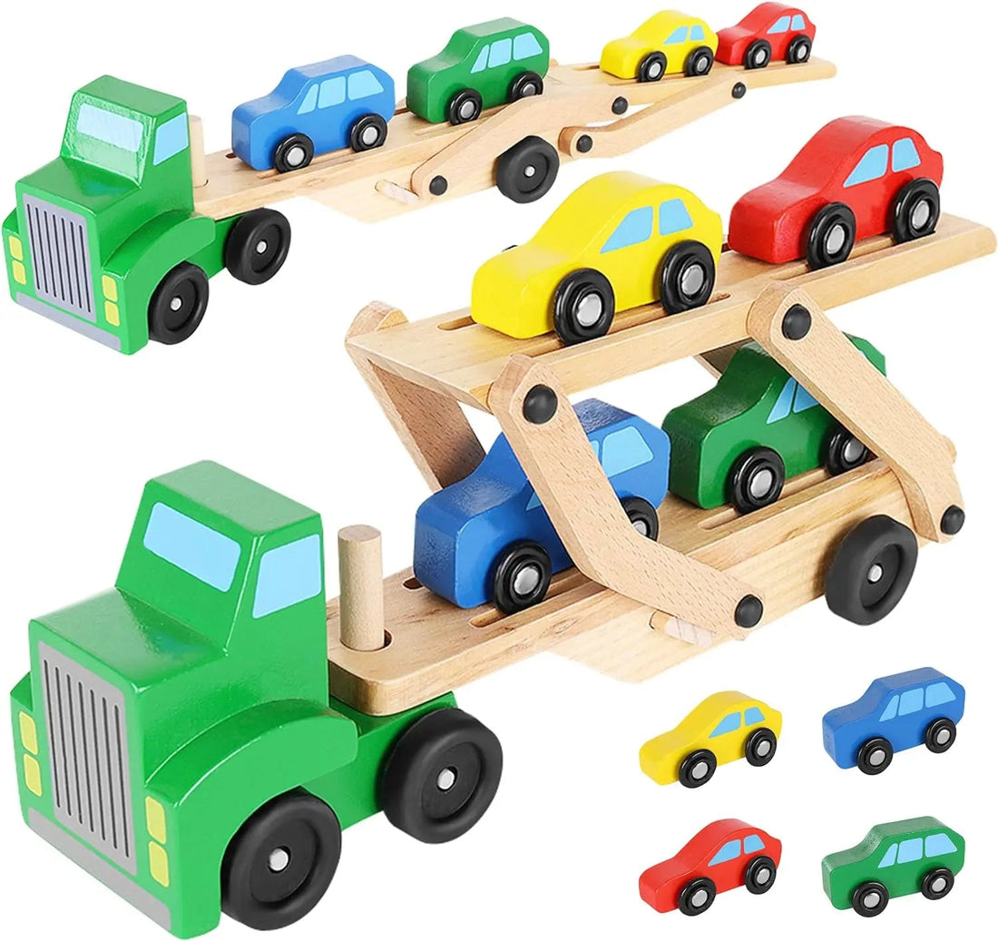 Wooden Double Decker Vehicle | Wooden Transporter Toy Carrier 1 Truck and 4 Cars - MyLittleTales