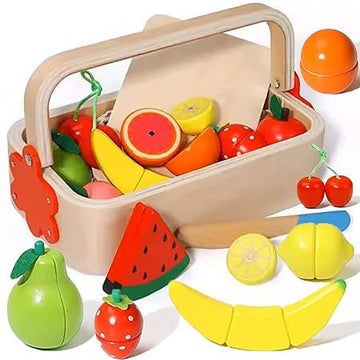 Wooden Fruits Basket Pretend Cutting Fruit Set with Wood Knife & Storage Basket - MyLittleTales