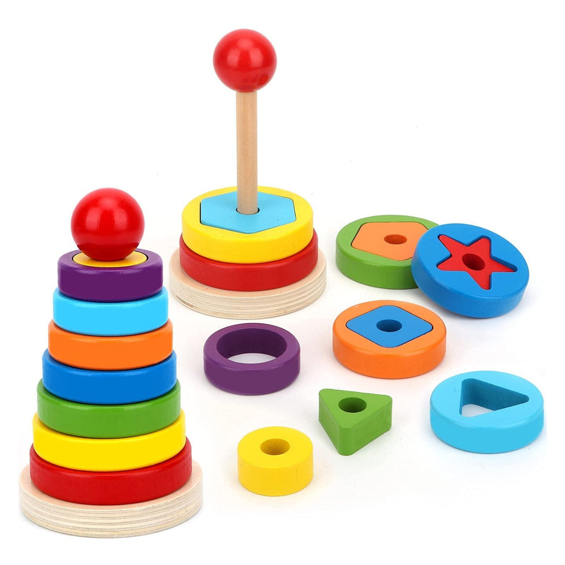 Wooden Rainbow Rings Tower – Geometric Shape Recognition, Sorting, Stacking and Plugging - MyLittleTales