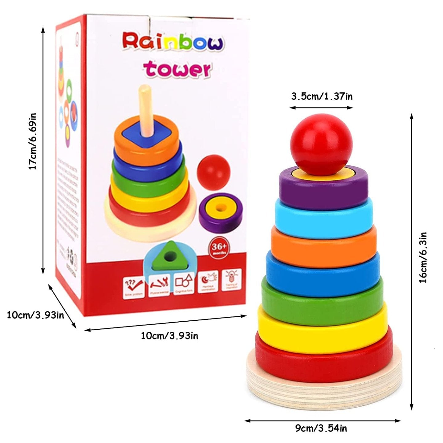 Wooden Rainbow Rings Tower – Geometric Shape Recognition, Sorting, Stacking and Plugging - MyLittleTales