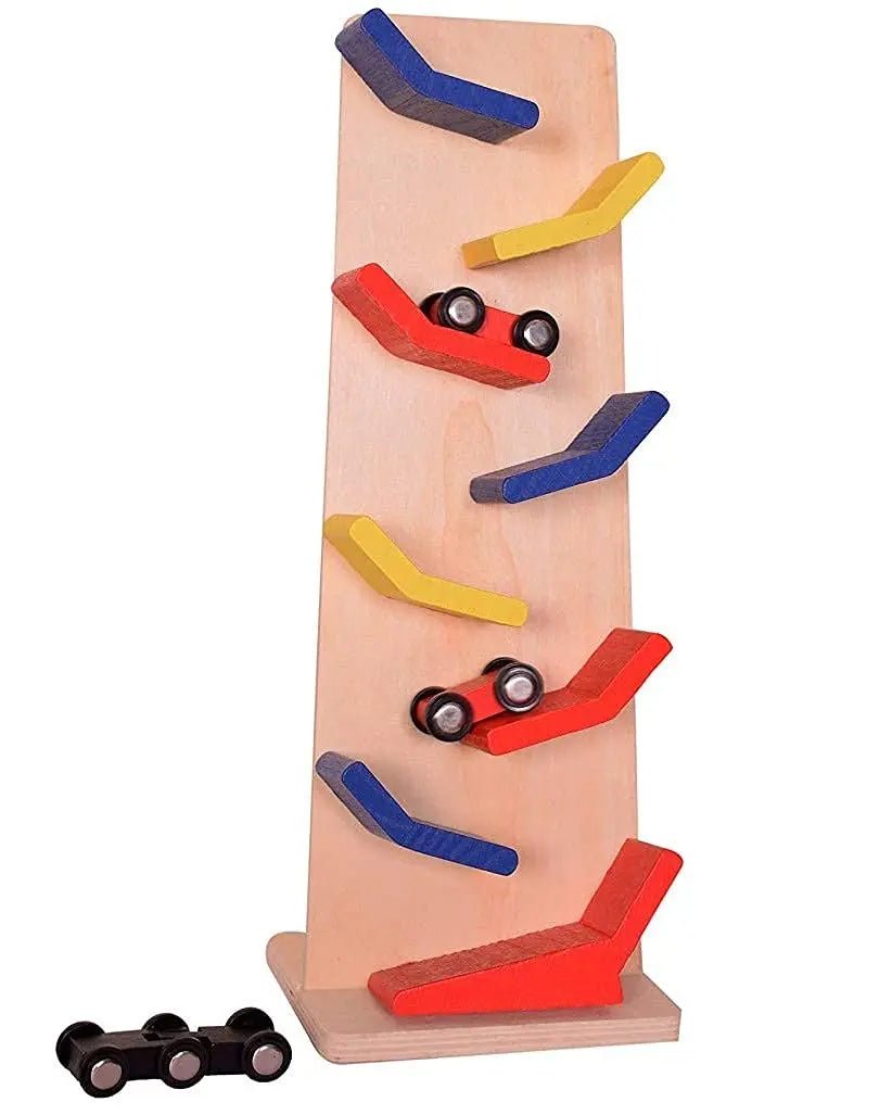 Wooden Slippery Racing Car Toy Game Race Zig Zak Track Drop Game Multicolor 12 inch Height - MyLittleTales