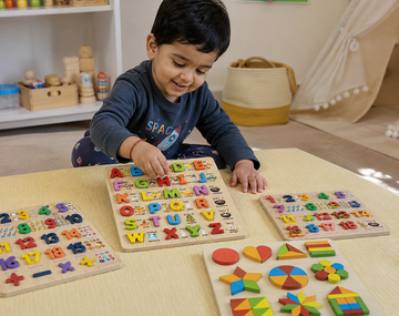Toddler learning with wooden Montessori alphabet toys in a cozy, eco-friendly playroom setting