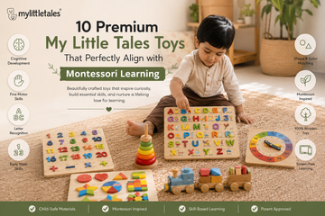 Child playing with my little tales wooden educational toys and puzzles in a sunlit Montessori-inspired playroom