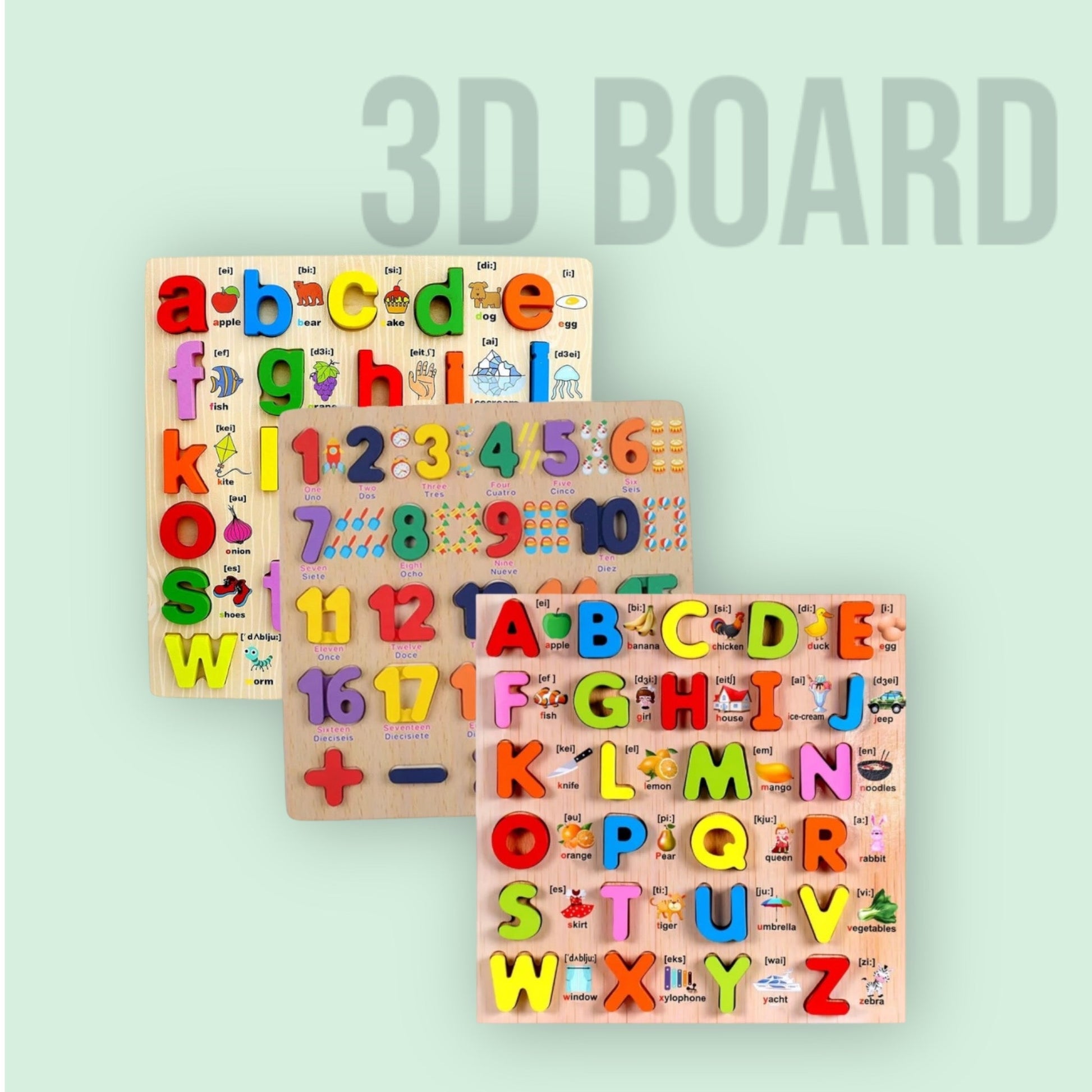 3D Alphabet Board with picture print, Capital, Small and Number board - MyLittleTales