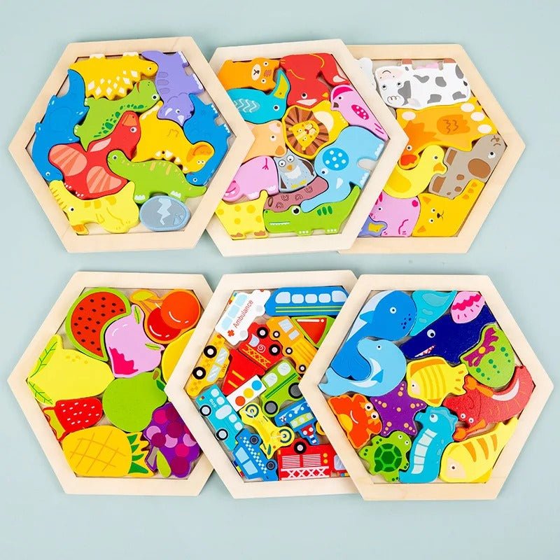 3D Hexagon Puzzle Board Colorful Wooden Cartoon Mammals - MyLittleTales