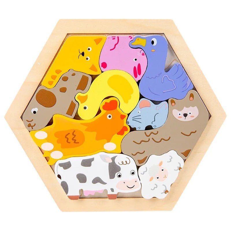 3D Hexagon Puzzle Board Colorful Wooden Cartoon Mammals - MyLittleTales