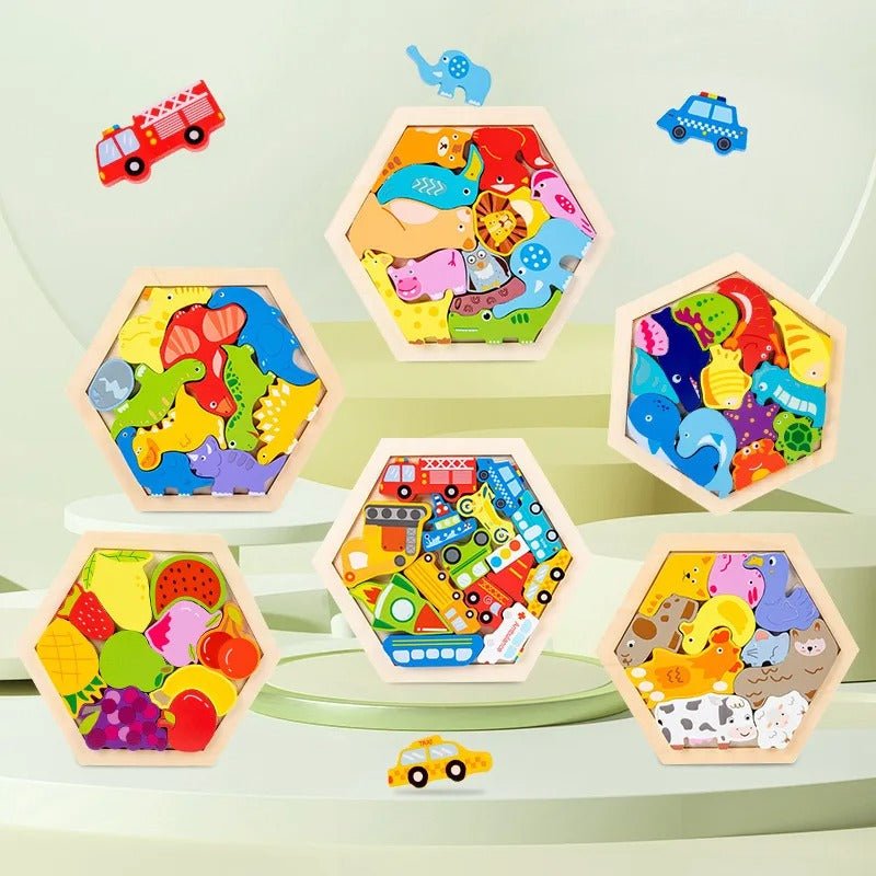 3D Hexagon Puzzle Board Colorful Wooden Cartoon Mammals - MyLittleTales