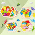 3D Hexagon Puzzle Board Colorful Wooden Cartoon Mammals - MyLittleTales