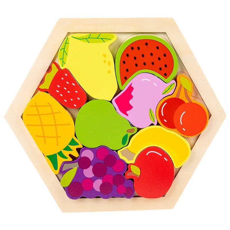3D Hexagon Puzzle Board Colorful Wooden Cartoon Mammals - MyLittleTales