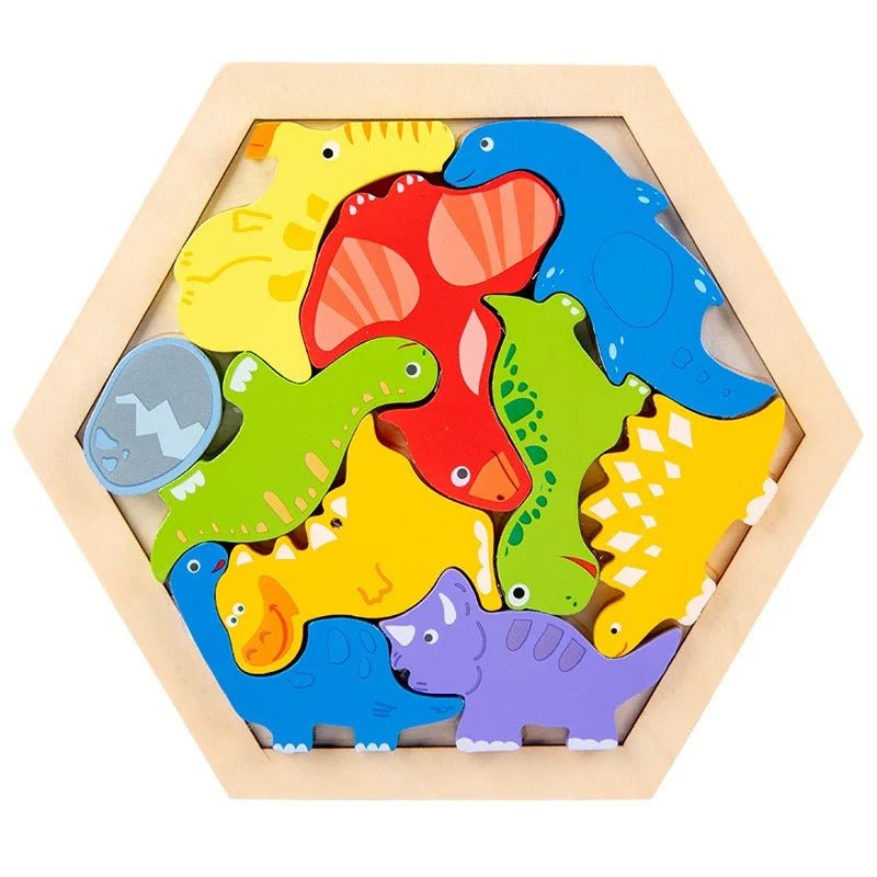 3D Hexagon Puzzle Board Colorful Wooden Cartoon Mammals - MyLittleTales