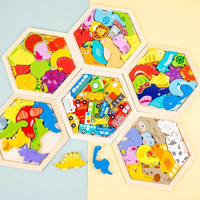 3D Hexagon Puzzle Board Colorful Wooden Cartoon Mammals - MyLittleTales