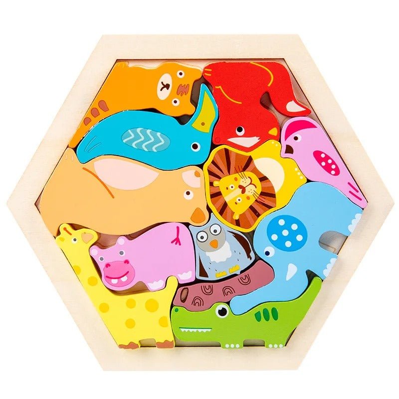 3D Hexagon Puzzle Board Colorful Wooden Cartoon Mammals - MyLittleTales