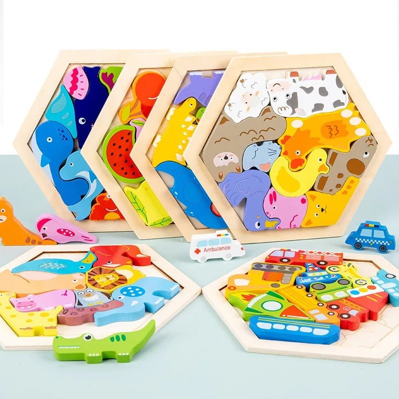 3D Hexagon Puzzle Board Colorful Wooden Cartoon Mammals - MyLittleTales