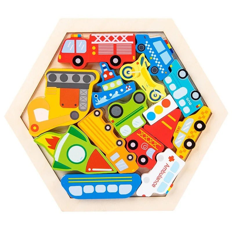 3D Hexagon Puzzle Board Colorful Wooden Cartoon Mammals - MyLittleTales