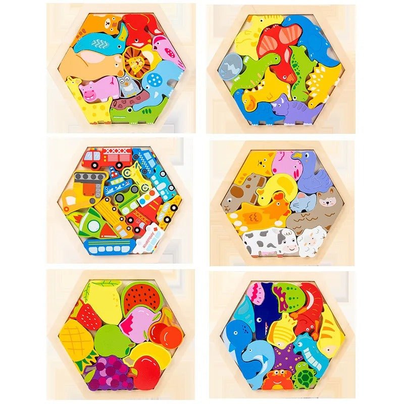 3D Hexagon Puzzle Board Colorful Wooden Cartoon Mammals - MyLittleTales