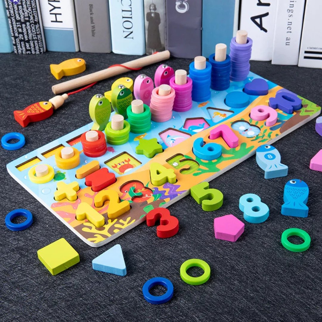 6 in 1 3D Wooden Montessori Children Educational Board Games Fishing Digital Shape Building Blocks - MyLittleTales