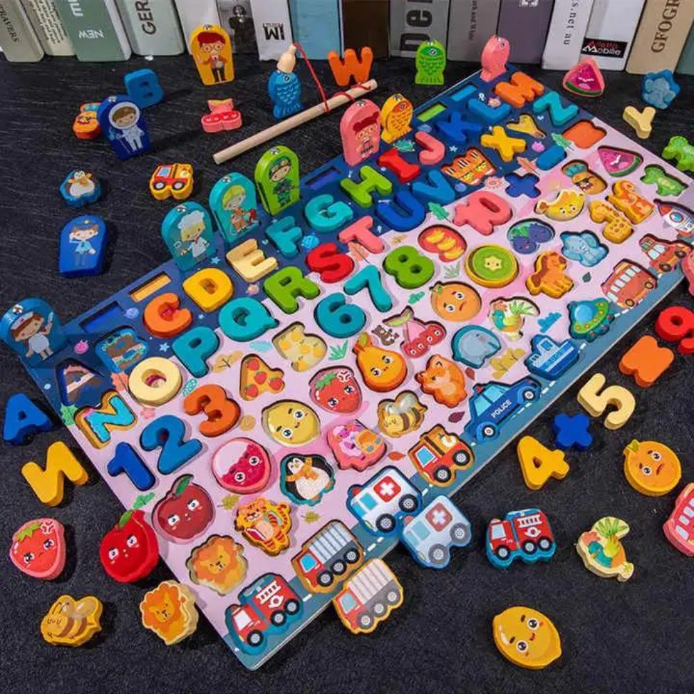 8 in 1 Traffic Matching Board | Wooden development board, Eight in One activities in one set, counting numbers, fishing, inserting poles, learning shapes, letters, wooden toys, children's toys - MyLittleTales