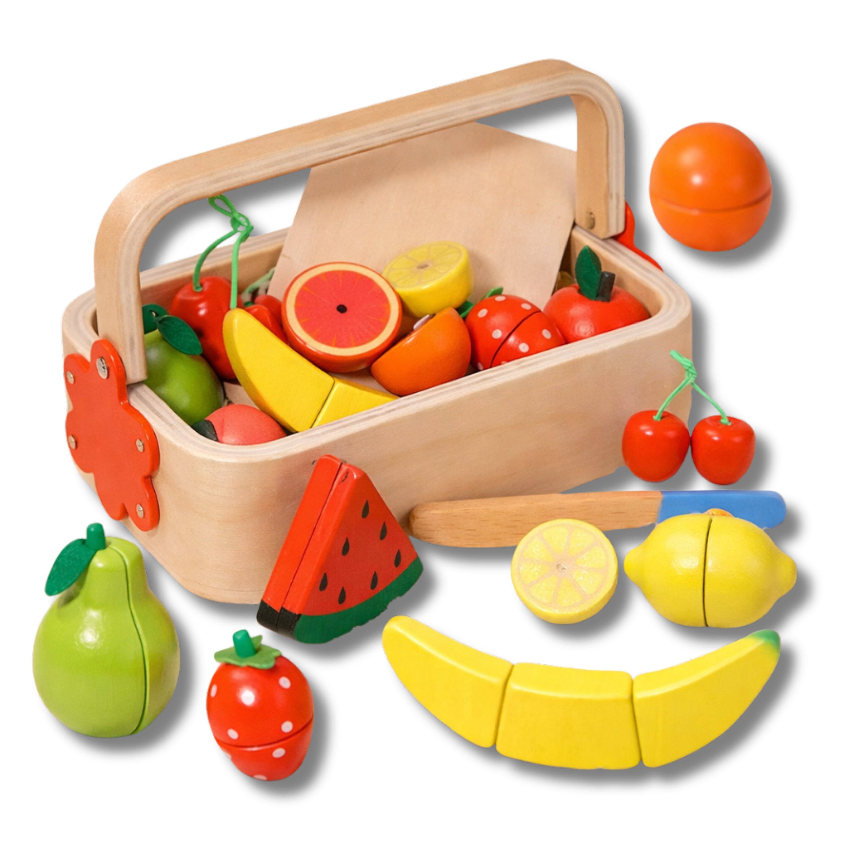 Wooden Fruits Basket Pretend Cutting Fruit Set with Wood Knife & Storage Basket