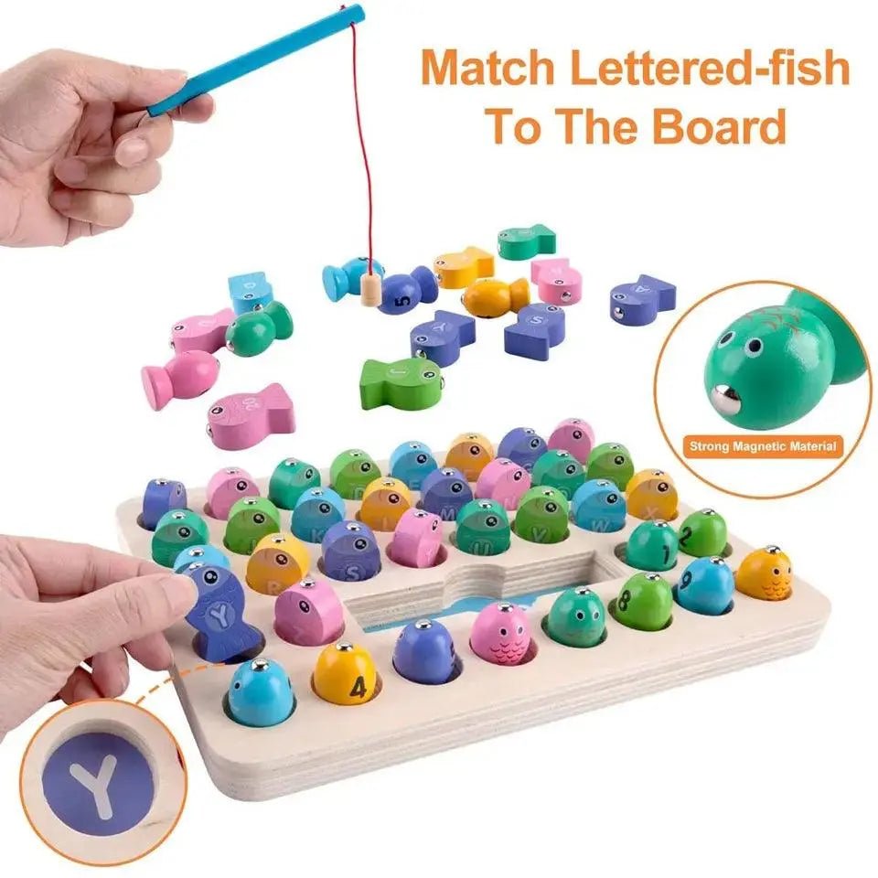 Alpha Numeric Fishing Board Wooden Magnetic Fishing Math Game Alphabet and Numbers Fish Catching Counting - MyLittleTales