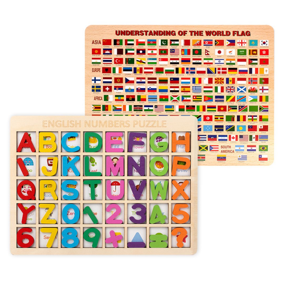 Alphabet with country flags dual board - Wooden 3D Number Puzzle Board for Kids - MyLittleTales