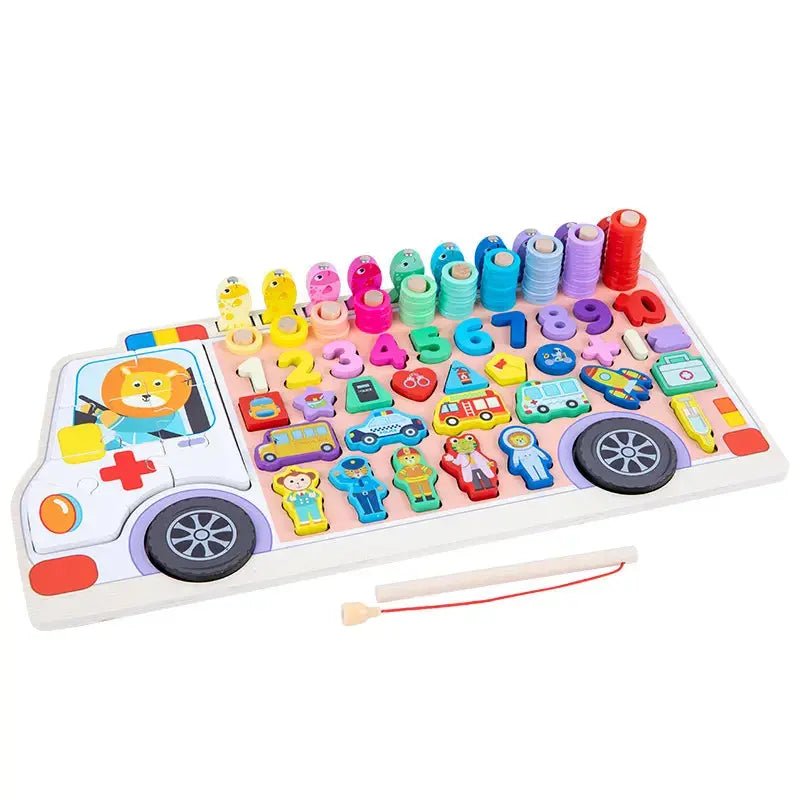 Ambulance 6 in 1 puzzle Wooden Log Board Children's Early Education Magnetic Fishing Digital Puzzle Board - MyLittleTales