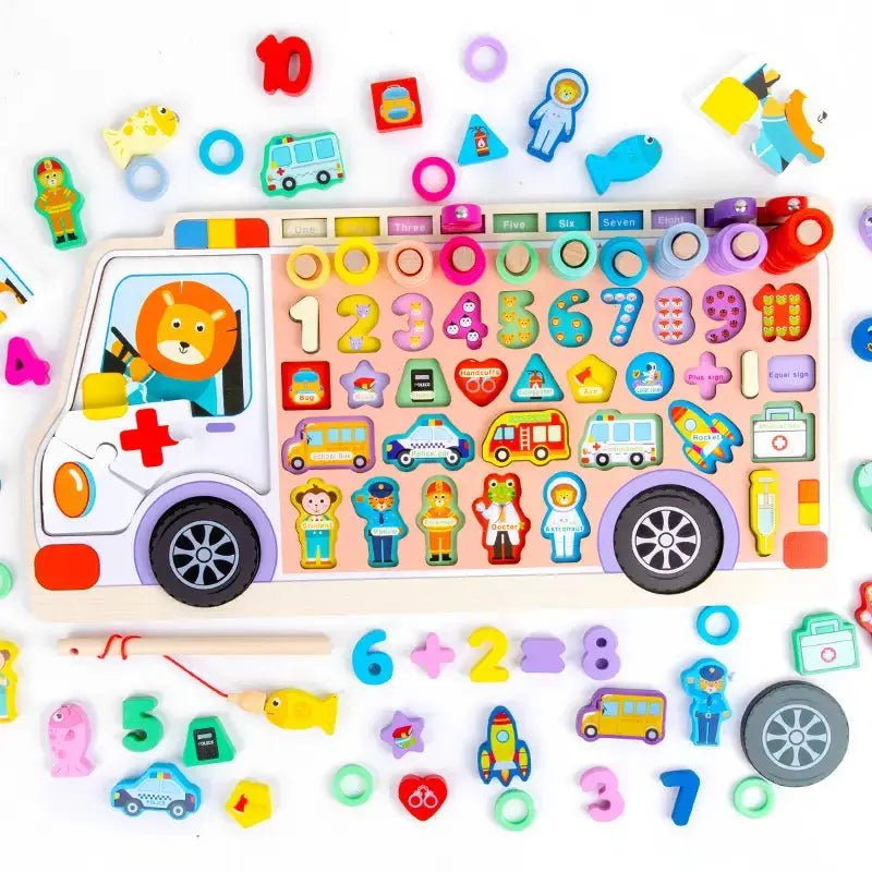 Ambulance 6 in 1 puzzle Wooden Log Board Children's Early Education Magnetic Fishing Digital Puzzle Board - MyLittleTales