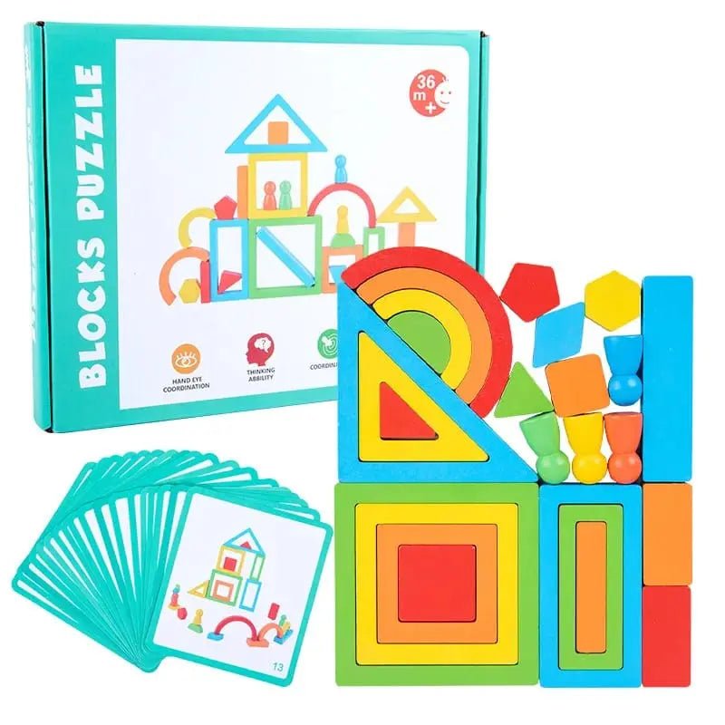 Blocks Puzzle – Geometric Thinking Wooden Stacking Blocks Set Educational Different Shapes for Home Play - MyLittleTales