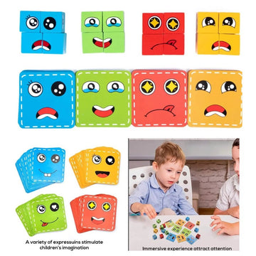 Face Change Cube Game, Wooden Expressions Matching Block Puzzle – 16 blocks , 72 cards - MyLittleTales