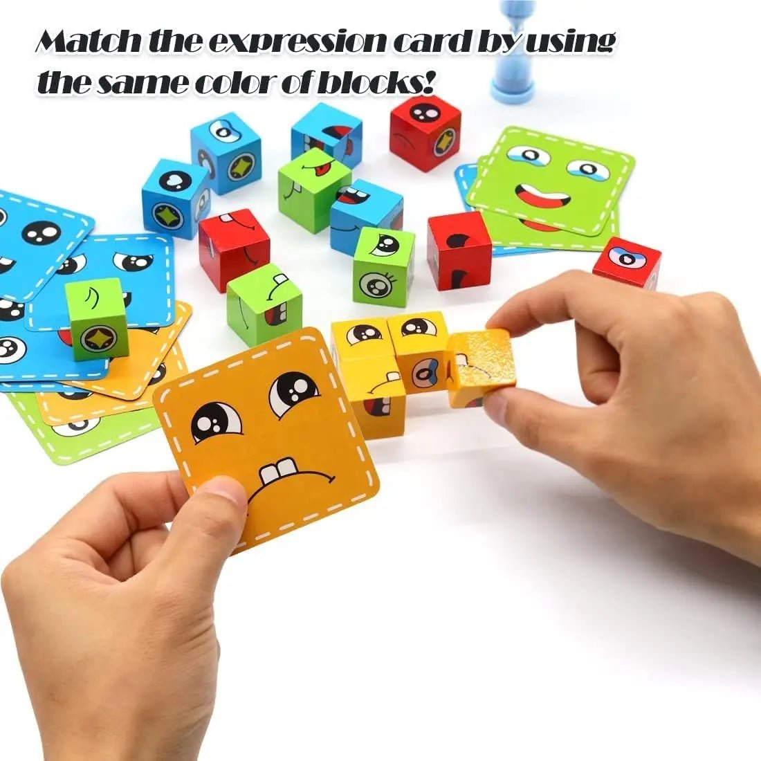Face Change Cube Game, Wooden Expressions Matching Block Puzzle – 16 blocks , 72 cards – Green Tin Box - MyLittleTales
