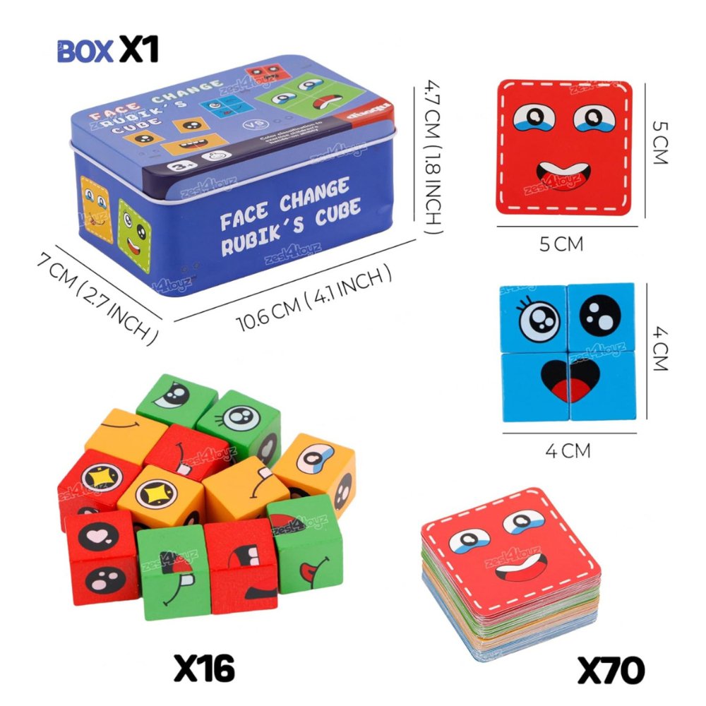 Face Change Cube Game, Wooden Expressions Matching Block Puzzle, Rubik's cube – 16 blocks , 72 cards - MyLittleTales