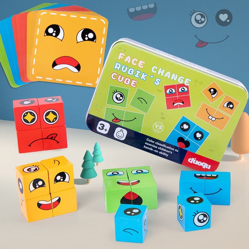 Face Change Cube Game, Wooden Expressions Matching Block Puzzle, Rubik's cube – 16 blocks , 72 cards - MyLittleTales