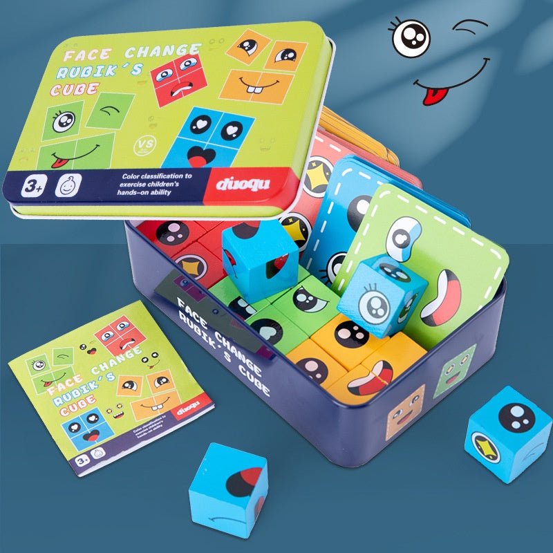 Face Change Cube Game, Wooden Expressions Matching Block Puzzle, Rubik's cube – 16 blocks , 72 cards - MyLittleTales