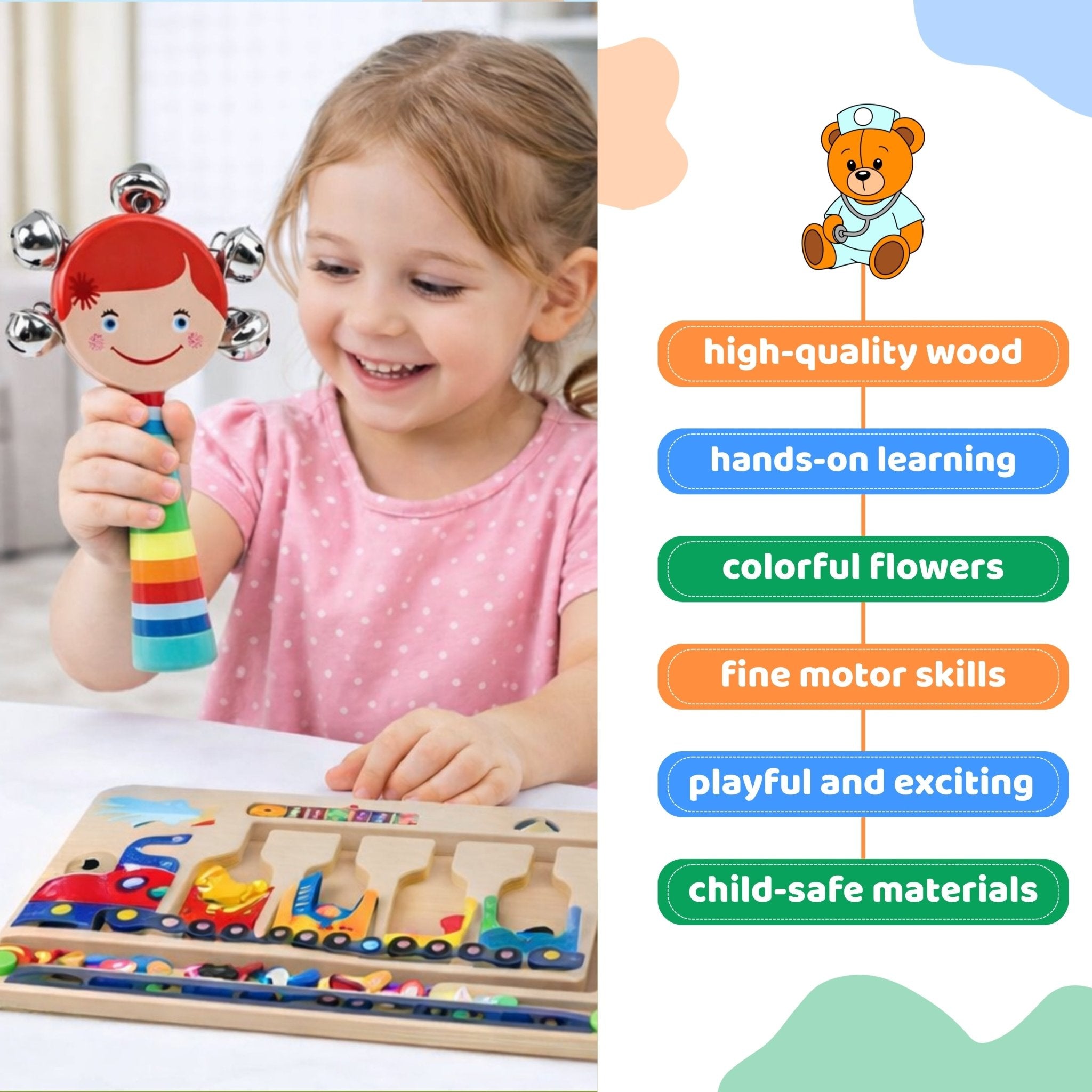 Face Kungroo Rattle | Wooden Face Rattle Toys - 1pc - MyLittleTales
