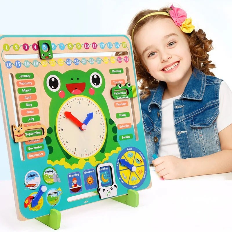 Montessori Wooden Frog Clock Toys For Kids,Learning Calendar,Weather,Season,Time,Week,Early Educational Toy - MyLittleTales
