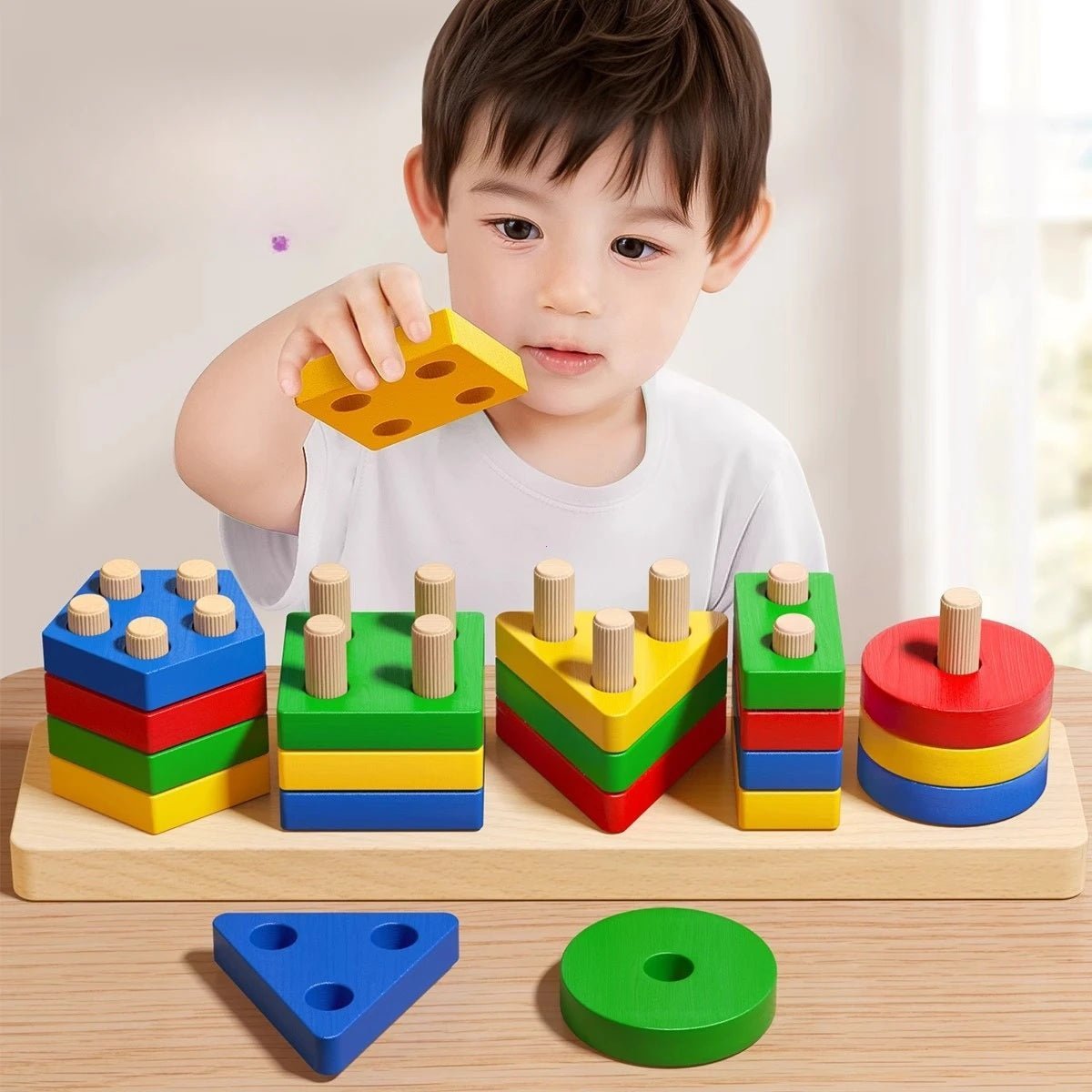 Multicolour Shapes Stacker puzzle Shapes Tower Stacker with Stick – 5 Type shapes 4 Layer - MyLittleTales