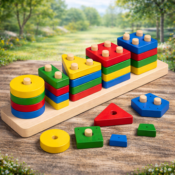 Multicolour Wooden Shapes Stacker Puzzle – 5 Shape, 4 Layer Learning Tower - MyLittleTales