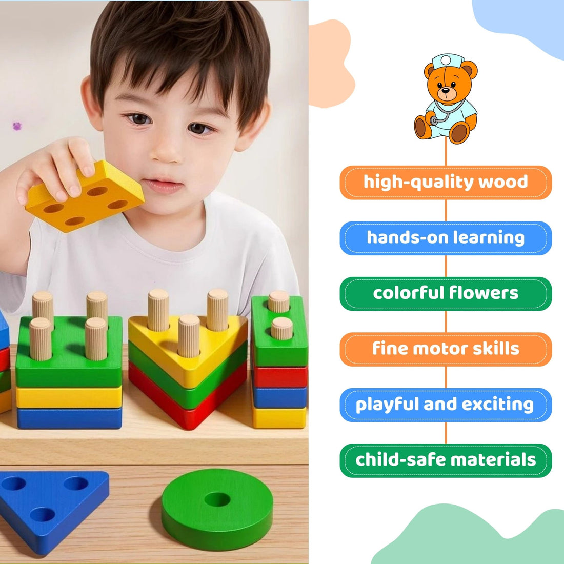 Multicolour Wooden Shapes Stacker Puzzle – 5 Shape, 4 Layer Learning Tower - MyLittleTales