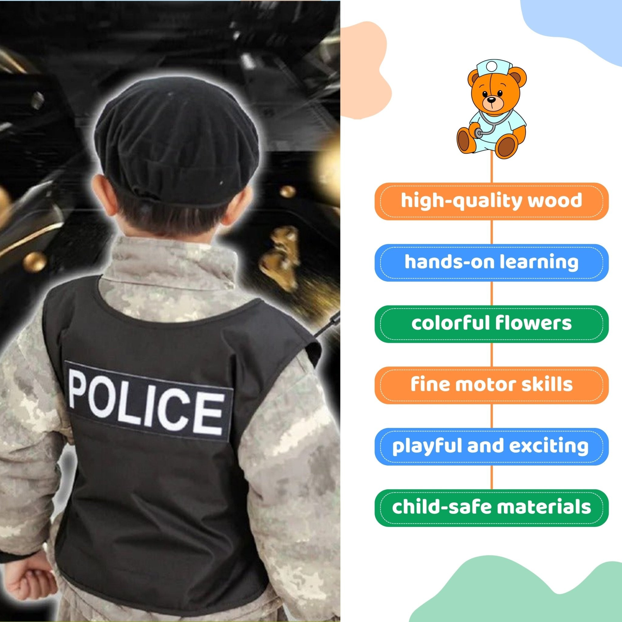 Police Role Play Set Simulation Wood Toys for Boy Costume Cosplay Interactive - MyLittleTales