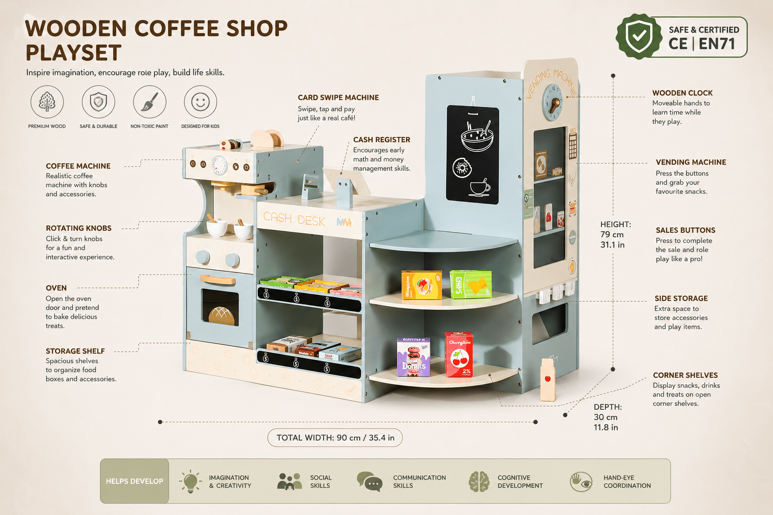 Premium Wooden Kids Coffee Shop Play Kitchen with Cash Desk & Vending Machine | Montessori Play Café - MyLittleTales
