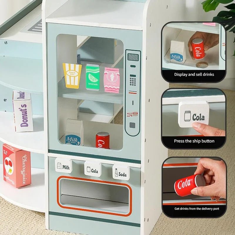 Premium Wooden Kids Coffee Shop Play Kitchen with Cash Desk & Vending Machine | Montessori Play Café - MyLittleTales
