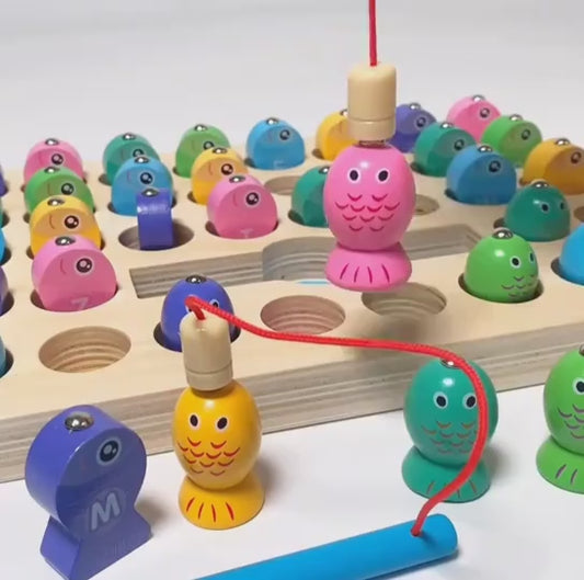 Alpha Numeric Fishing Board Wooden Magnetic Fishing Math Game Alphabet and Numbers Fish Catching Counting Preschool Board Games Montessori Toys for Toddlers