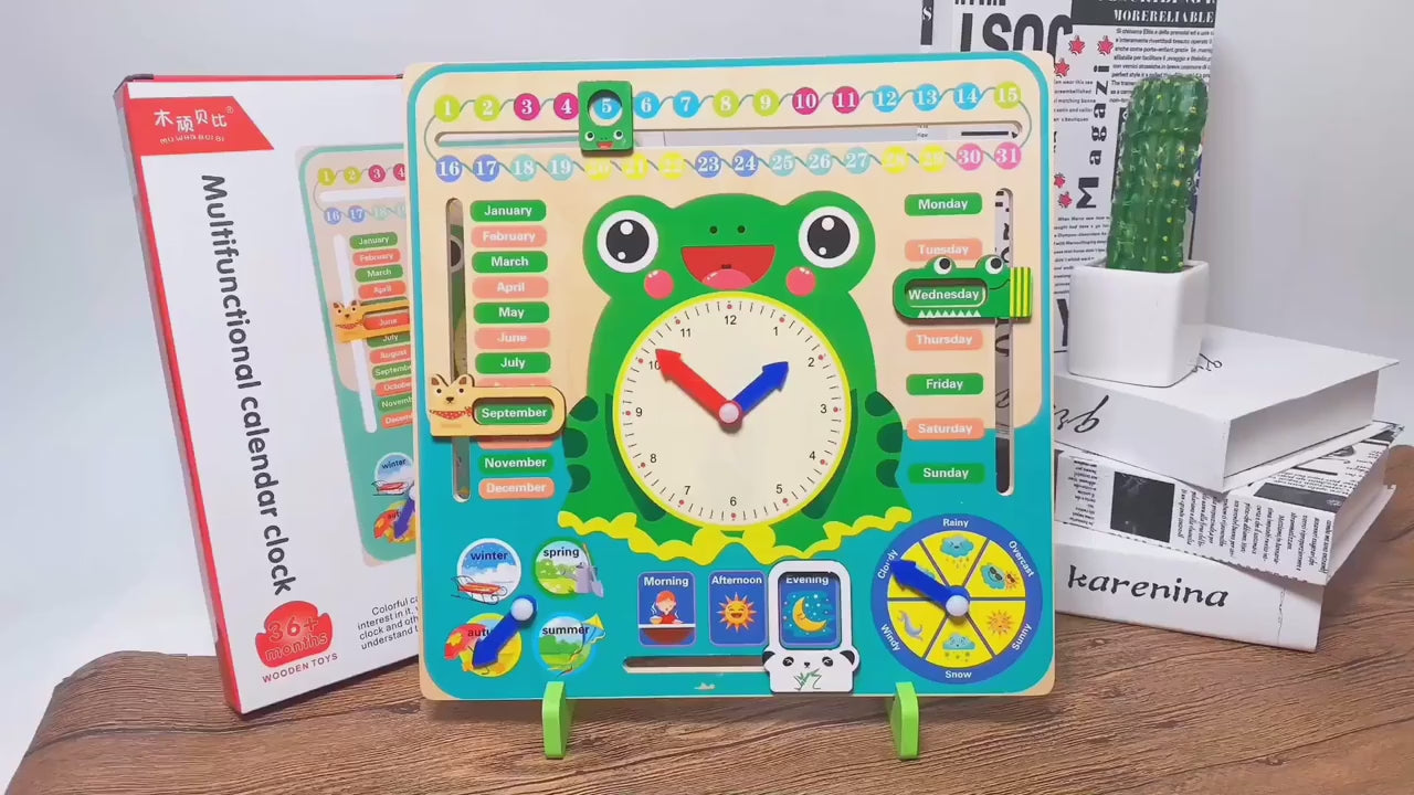 Montessori Wooden Frog Clock Toys For Kids,Learning Calendar,Weather,Season,Time,Week,Early Educational Toy