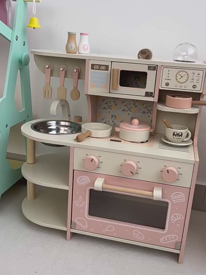 Wooden Premium Kitchen Playset with Coffee Maker Play Food Kitchen Accessories Cooking Set, Toddler Play Kitchen