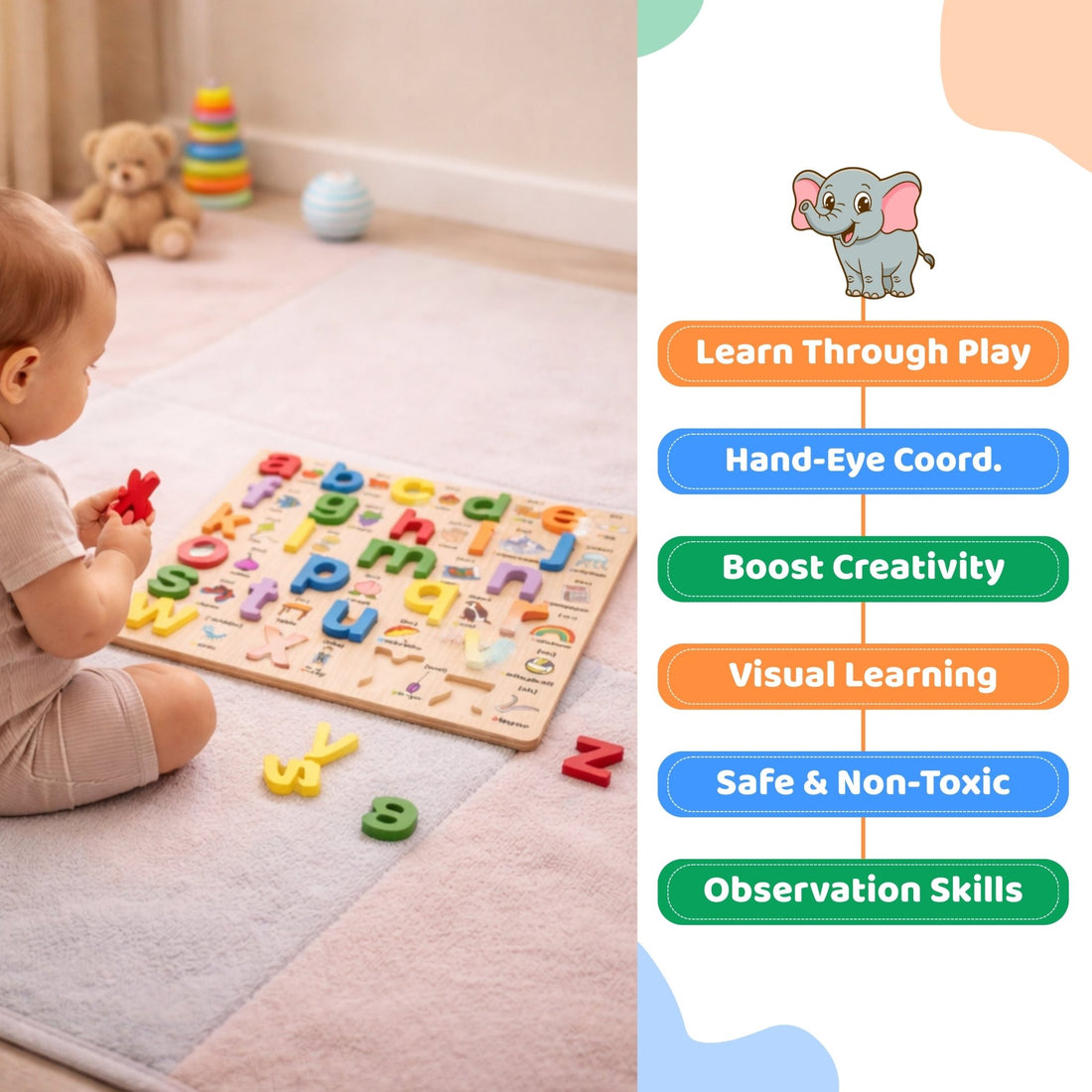 Small abcde Board – 3D Small Alphabet Board with picture print - MyLittleTales