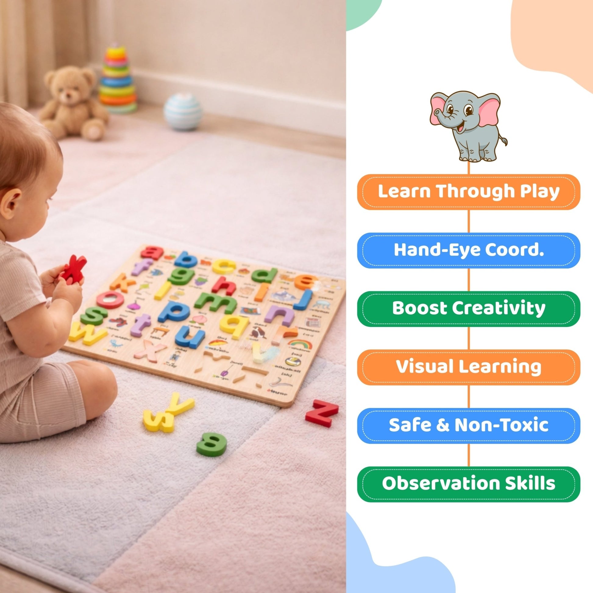 Small abcde Board – 3D Small Alphabet Board with picture print - MyLittleTales