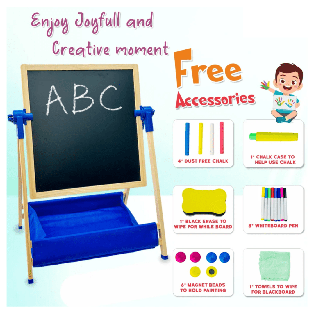 Wooden 3 in 1 Creative Easel Board with Chalkboard, Whiteboard, Storage Tray, Educational Kids Art Station - MyLittleTales